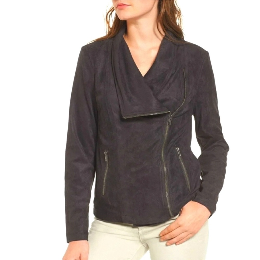 Cupcakes & Cashmere Finleigh Faux Suede Leather Moto Gray Jacket Size Small